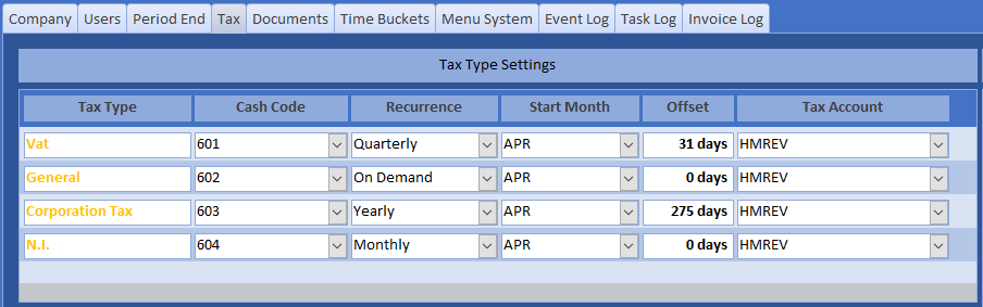 tax settings