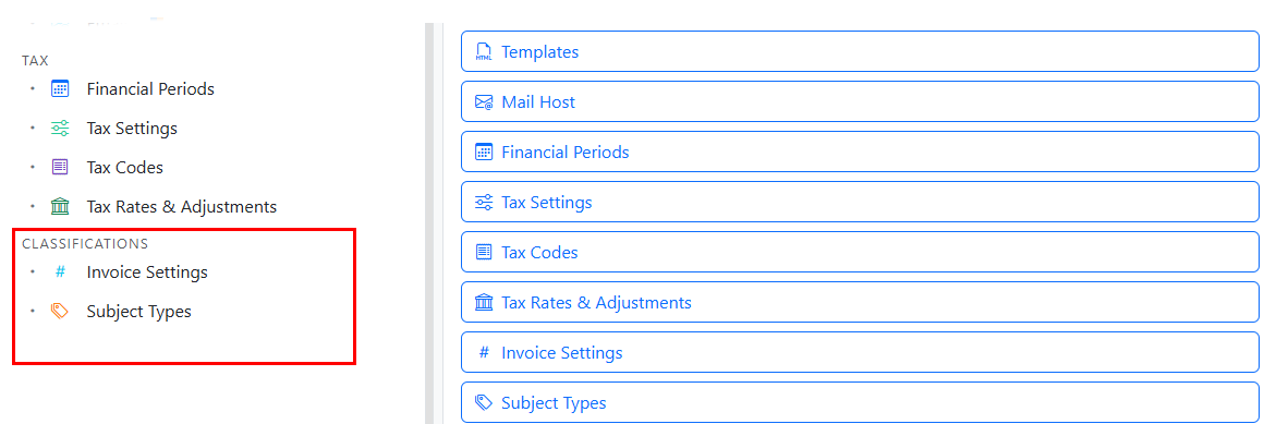 Admin Manager tree showing Invoice Settings and Subject Types