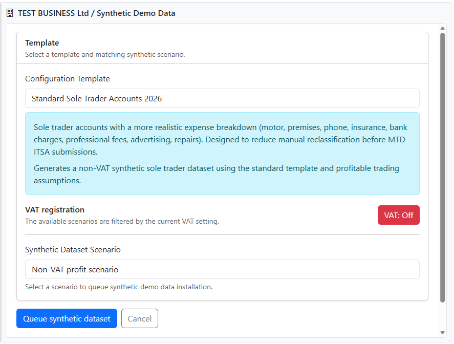 Synthetic dataset setup screen