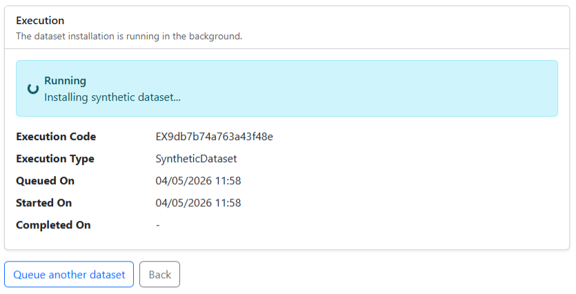 Synthetic dataset execution status screen