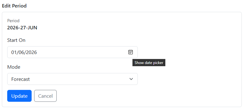 Edit Period page showing the Start date control
