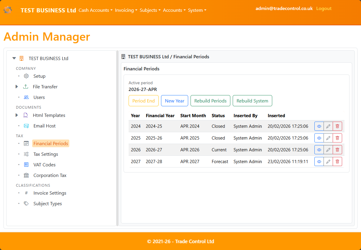 Admin Manager tree showing Tax > Financial Periods