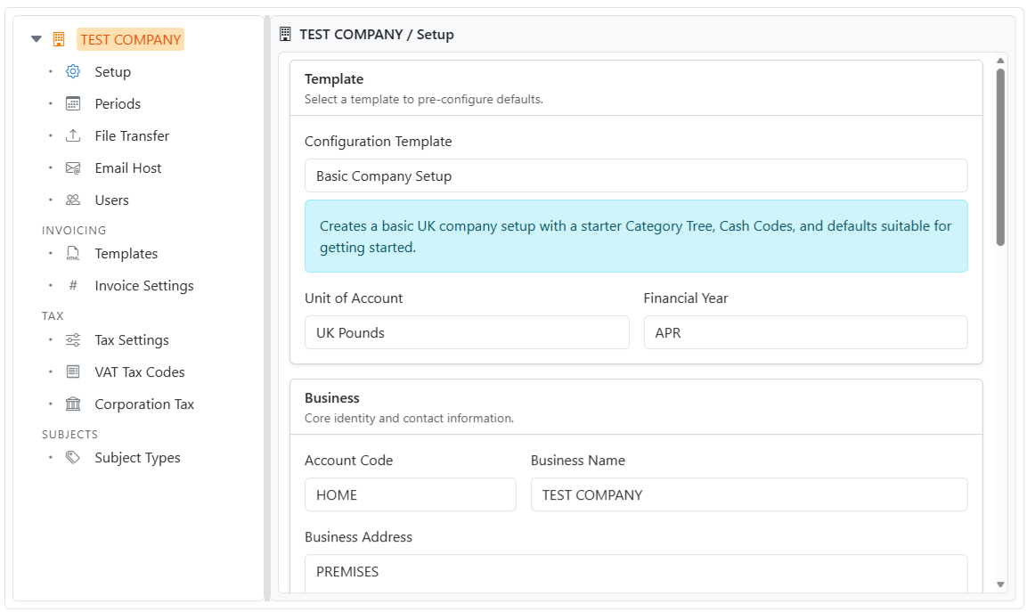 Business Initialisation Configuration