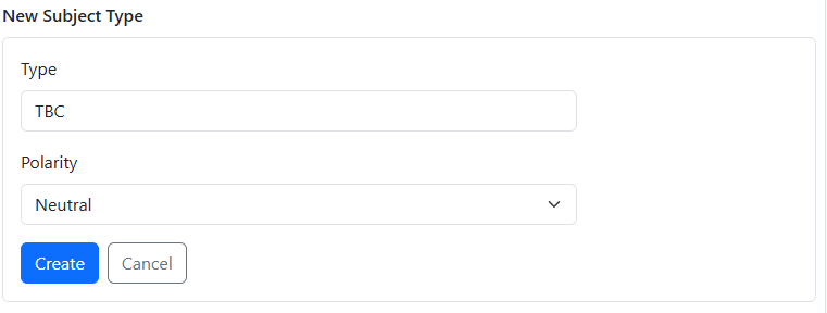 New Subject Type page showing Type name and Polarity selection