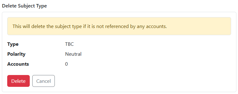 Delete Subject Type confirmation page showing usage count and delete action