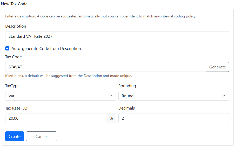 Create Tax Code page showing editable code, percent tax rate input, and rounding/type selectors