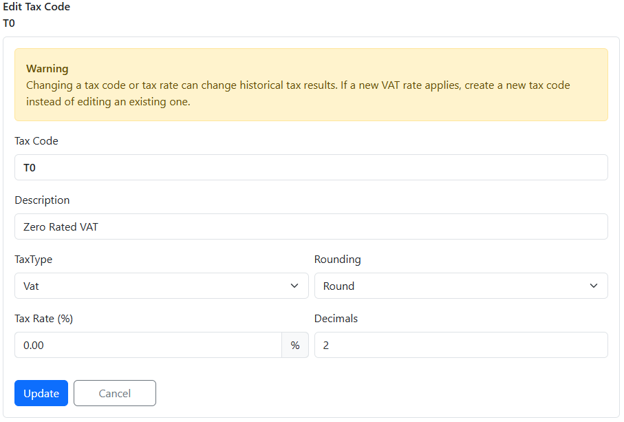 Edit Tax Code page showing the immutability warning and read-only tax code
