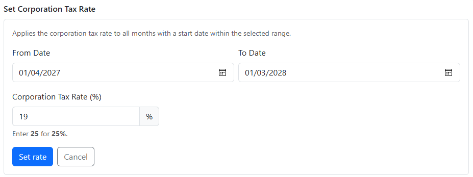 Set corporation tax rate by date range page