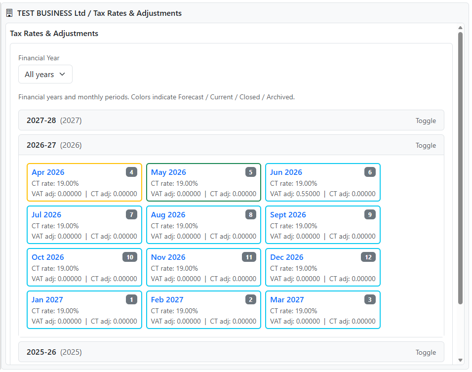 Tax Rates & Adjustments index with year list and period tiles