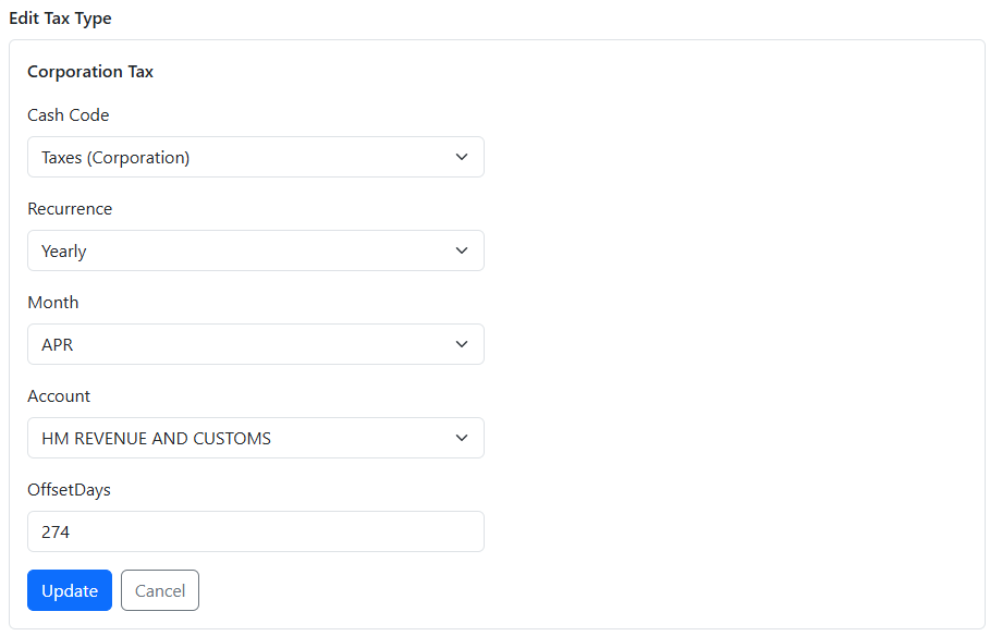 Tax Settings edit page