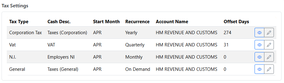 Tax Settings index showing configured tax types and actions