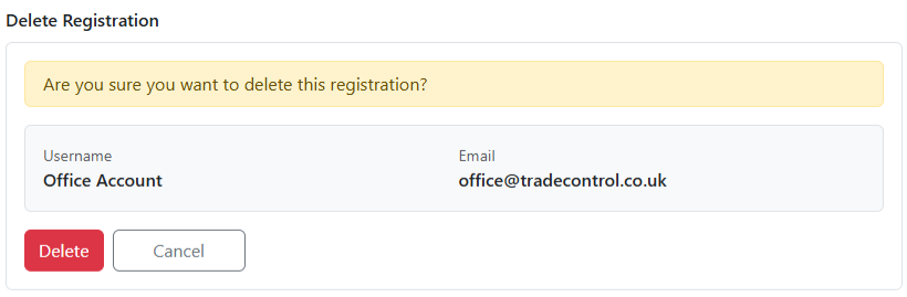 Delete registration confirmation