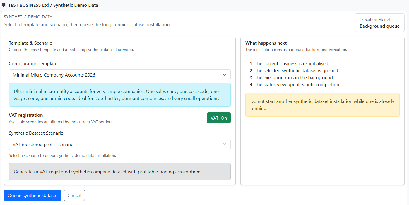 Synthetic dataset setup screen