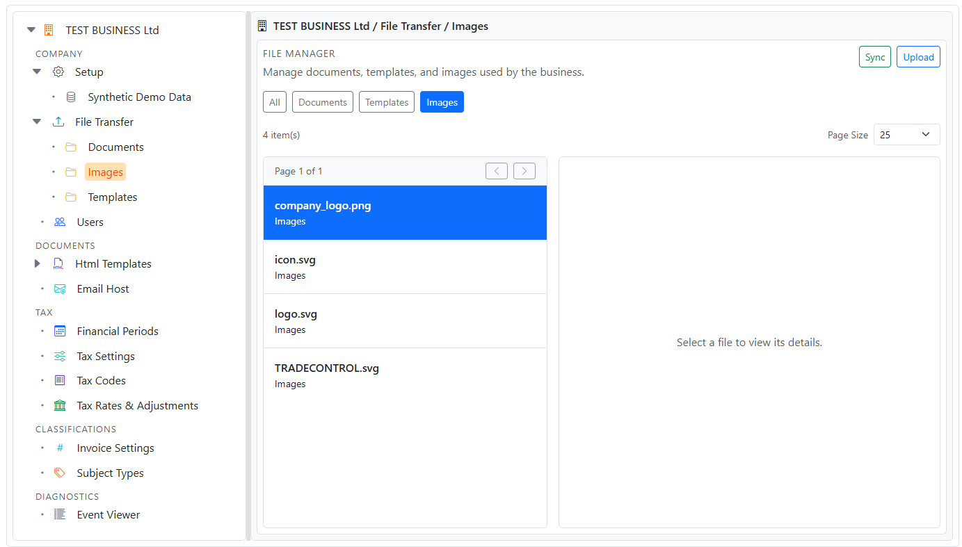 Admin Manager tree showing File Transfer content types