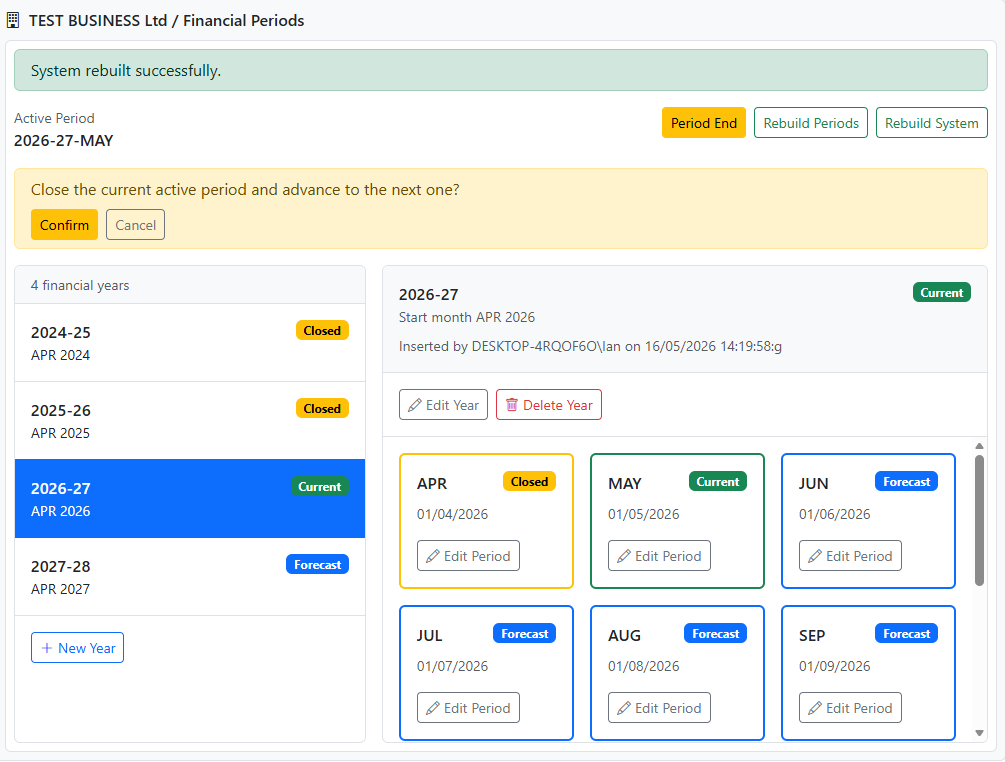 Admin Manager tree showing Tax > Financial Periods