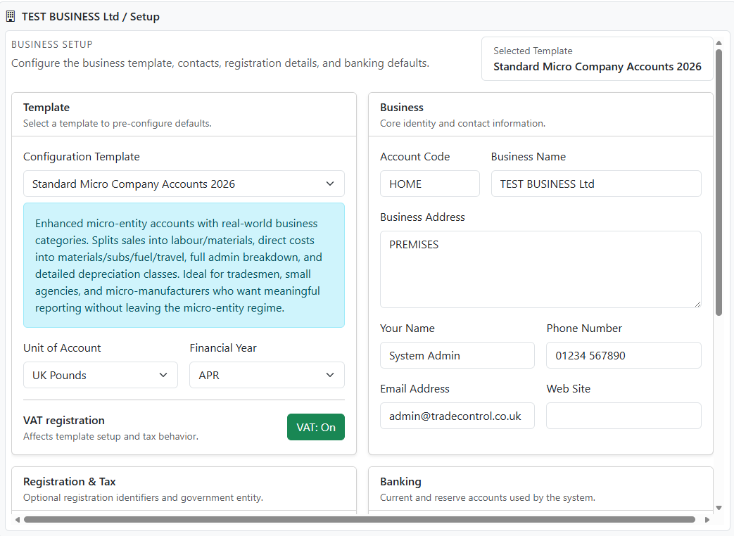 Business Initialisation Configuration