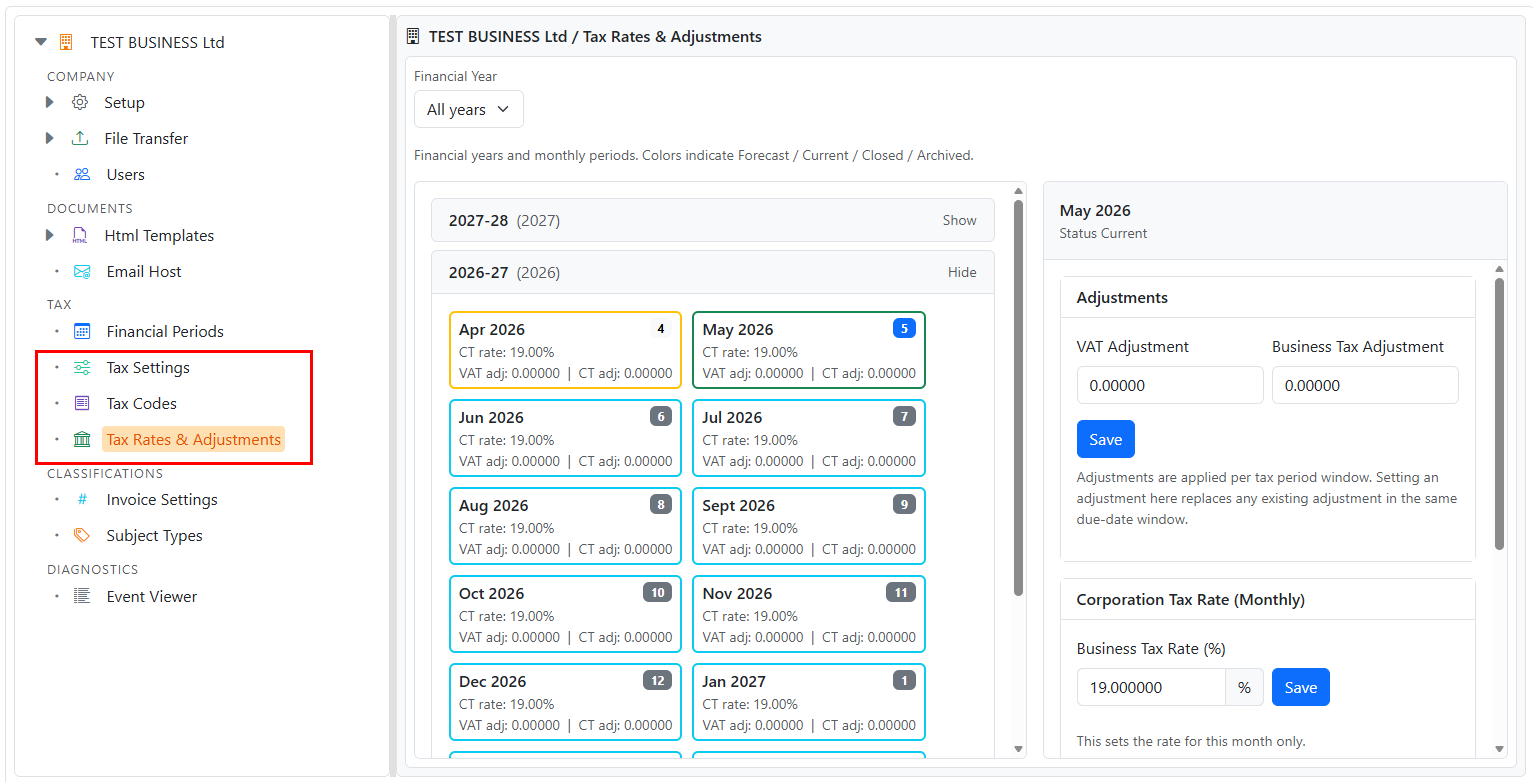 Admin Manager tree showing Tax Settings, Tax Codes, and Tax Rates & Adjustments