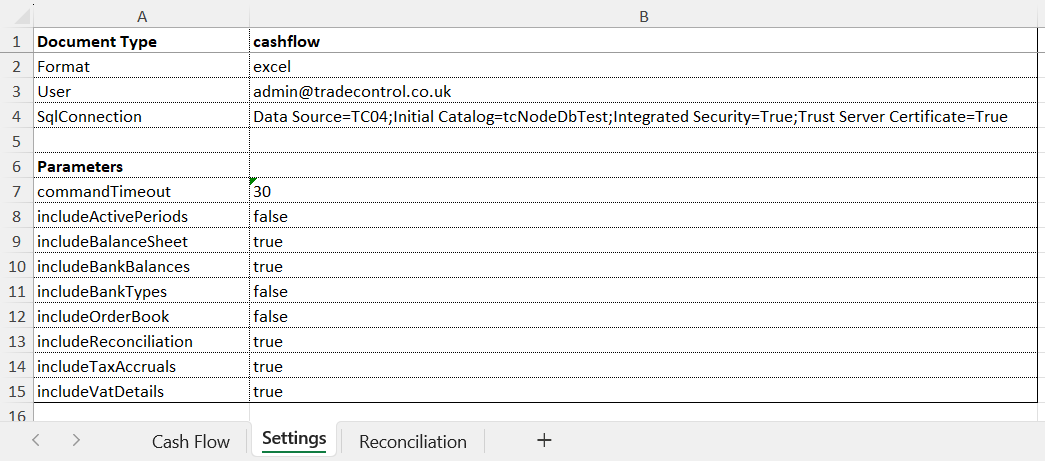 Cash Statement Settings worksheet