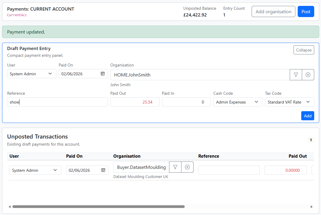 Cash Manager payments workspace showing draft payment entry