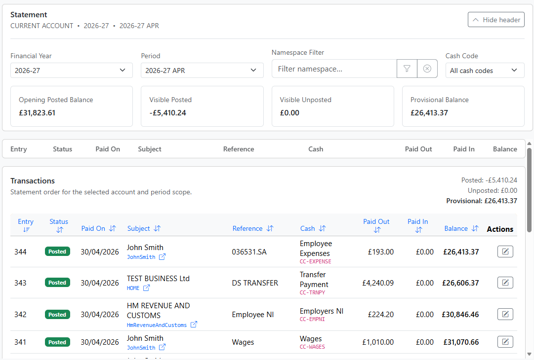 Cash Manager statement workspace on desktop