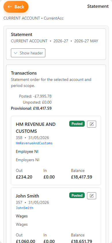 Cash Manager statement workspace on mobile
