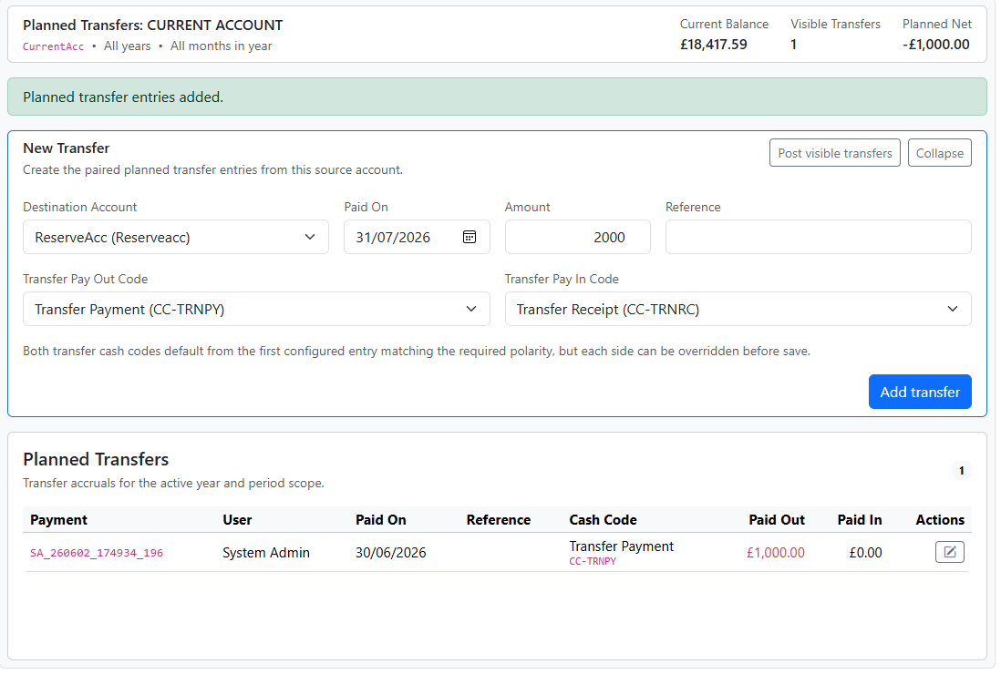 Cash Manager transfers workspace