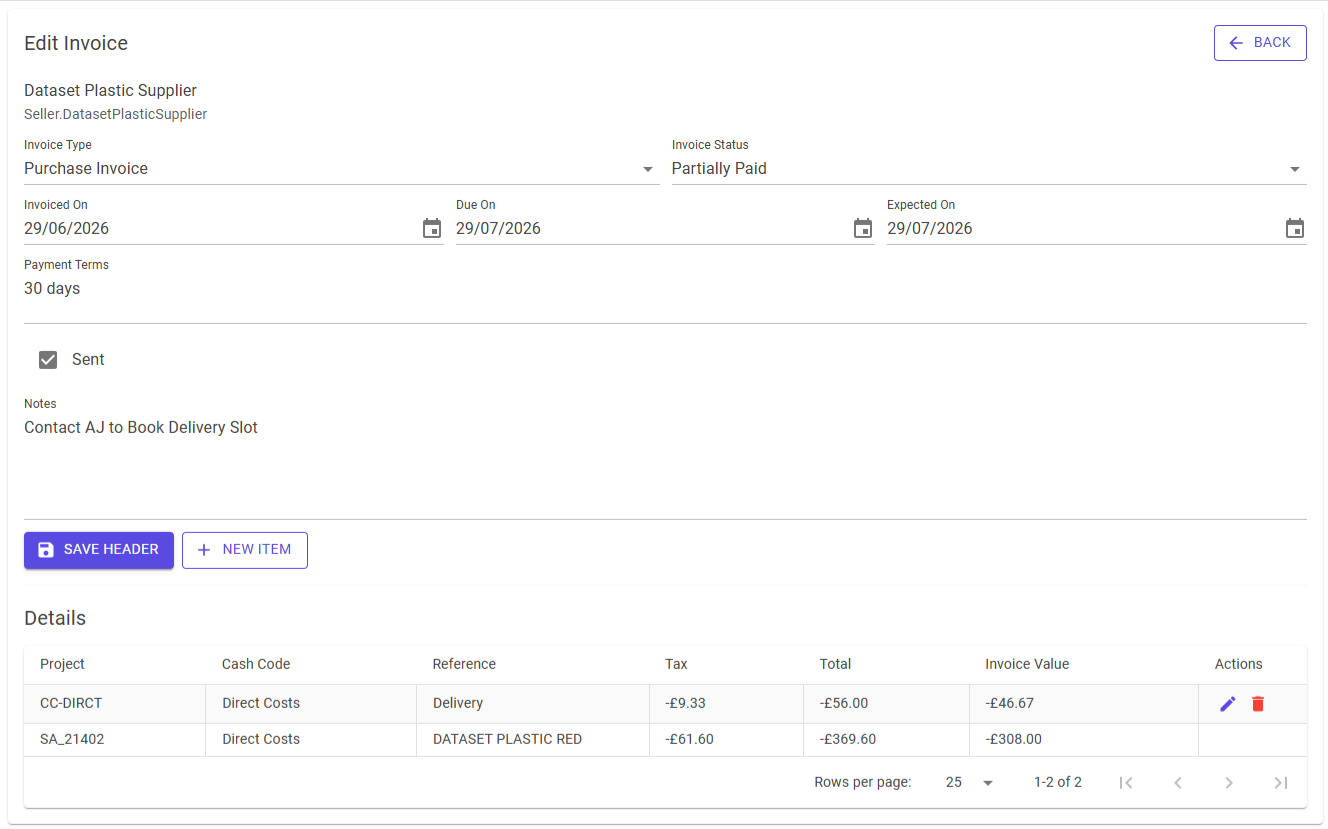Invoice Register edit workspace on desktop