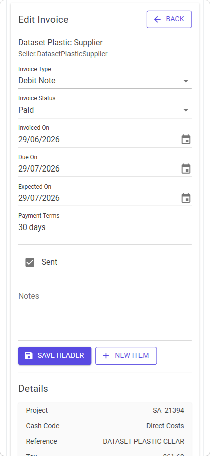 Invoice Register edit workspace on mobile