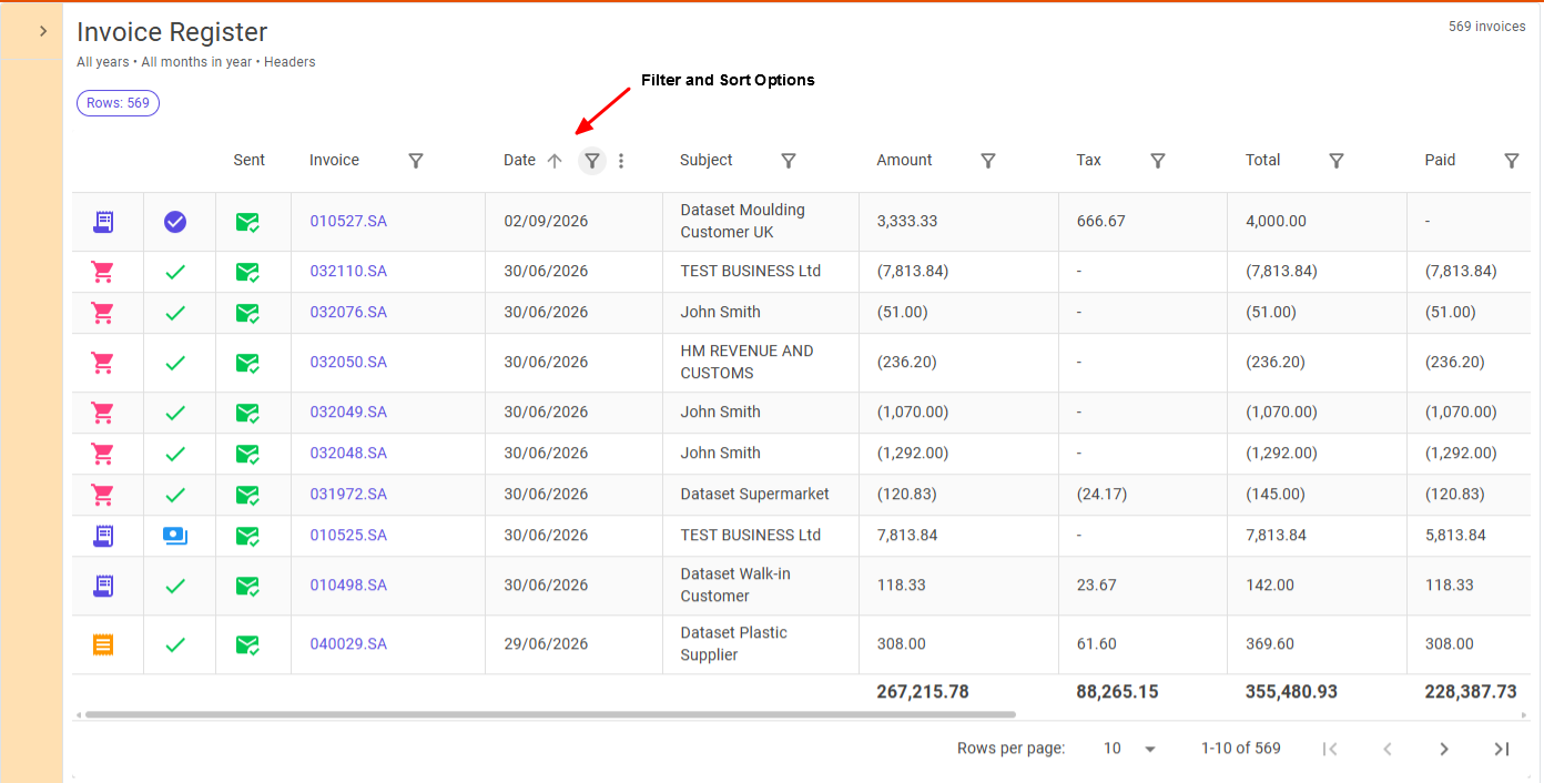 Invoice Register grid workspace on desktop