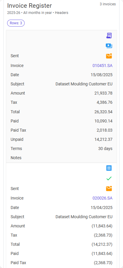 Invoice Register grid workspace on mobile