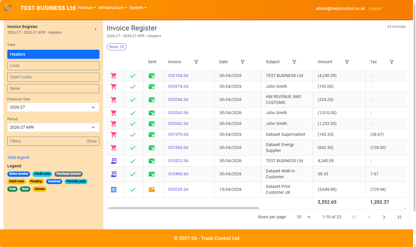 Invoice Register desktop overview