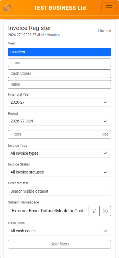 Invoice Register mobile overview