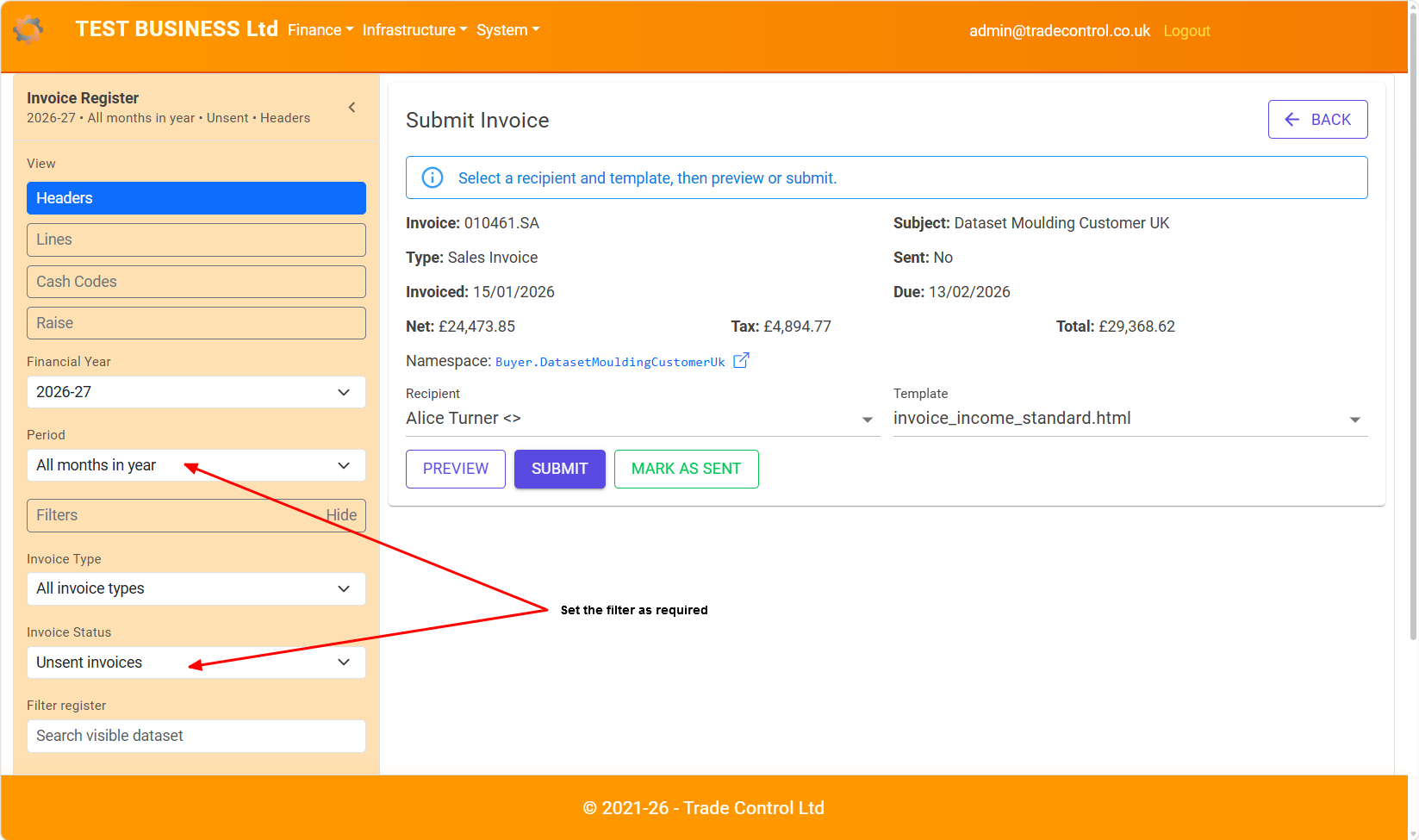 Invoice Register submission workspace on desktop