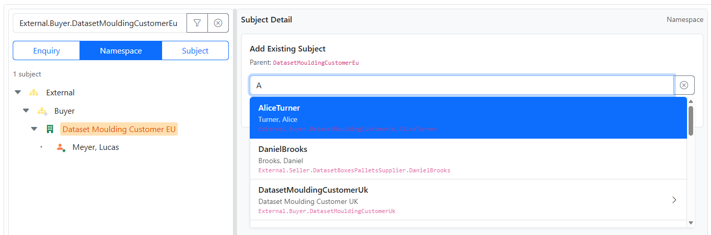 Namespace mode showing the Add Existing panel