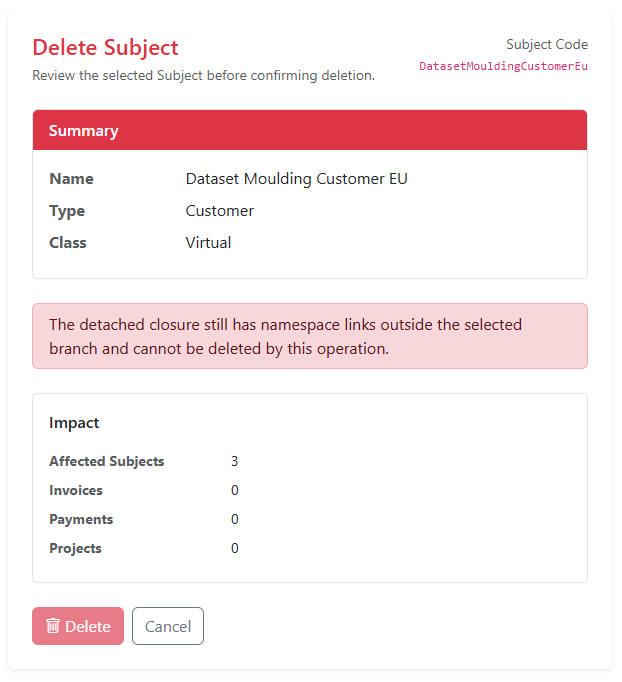 Delete Subject confirmation showing the impact of the deletion