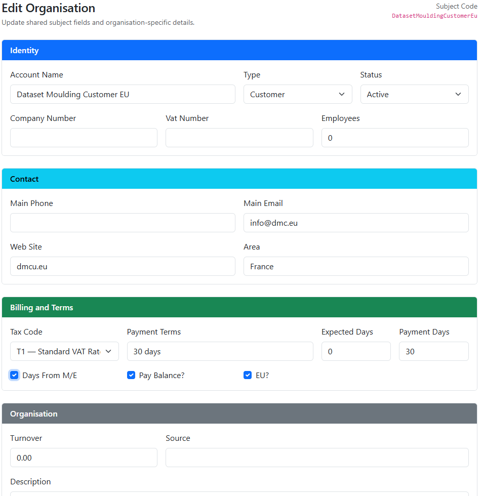 Organisation editor opened from Subject Browser