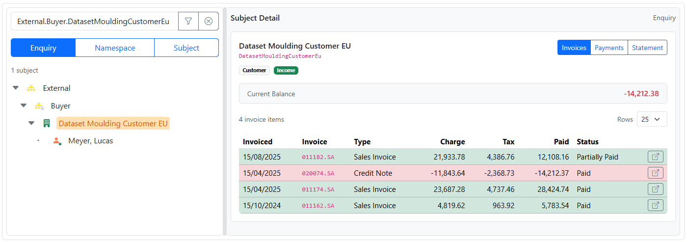 Subject Browser desktop view in Enquiry mode showing enquiry actions
