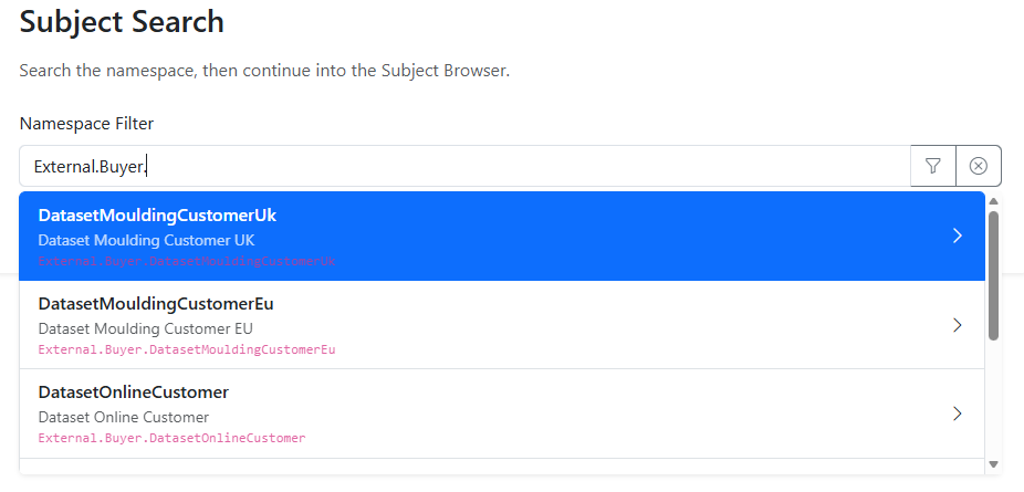 Namespace selector showing typed input and suggestions