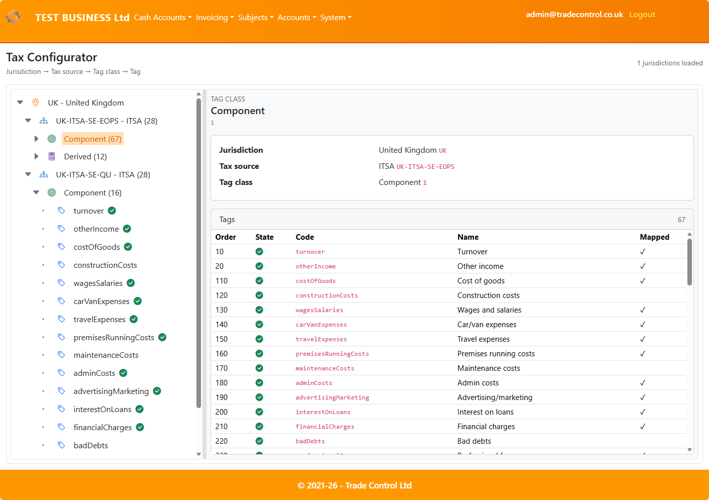 Tax Configurator desktop view showing the tree on the left and details pane on the right
