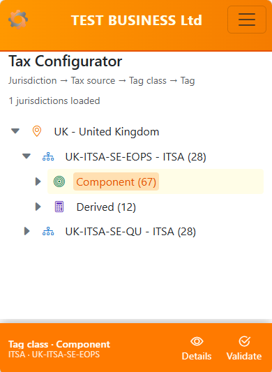 Tax Configurator mobile view showing the action bar and selected node details