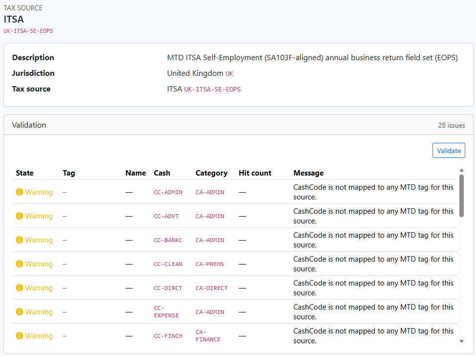 Tax Configurator desktop view showing validation
