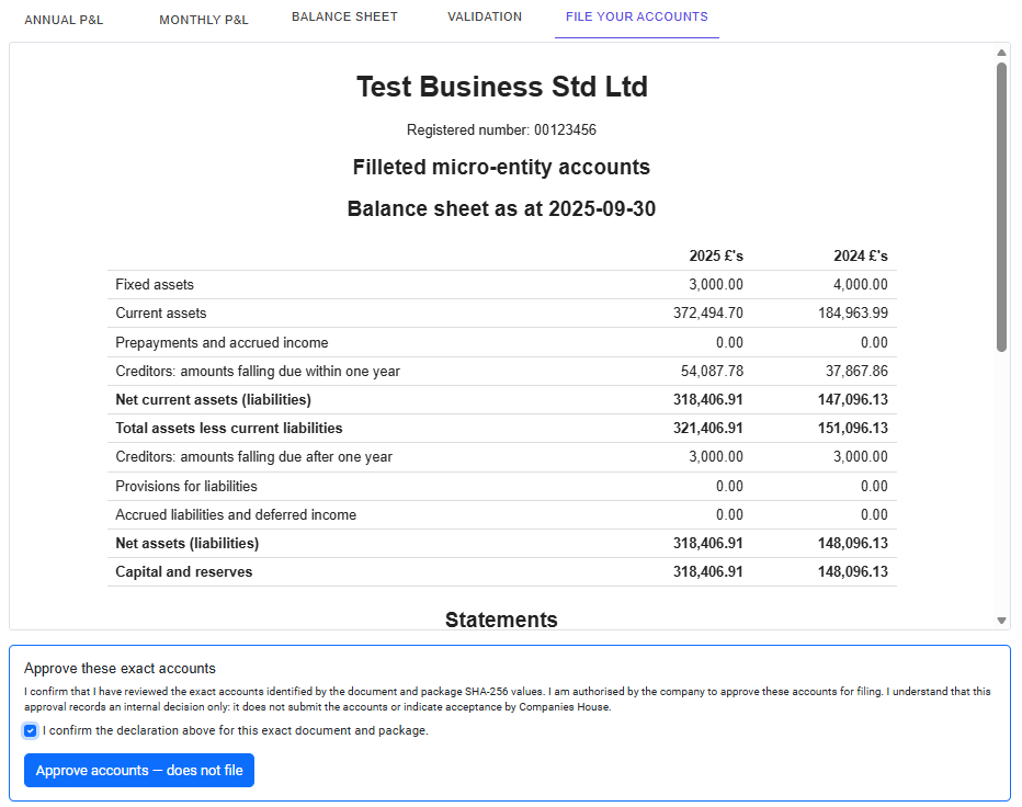 Prepared exact accounts with the document visible.