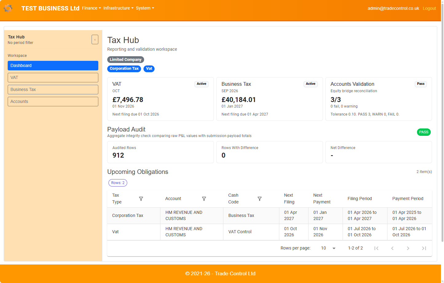 Tax Hub desktop overview showing the workspace navigation and company reporting summary