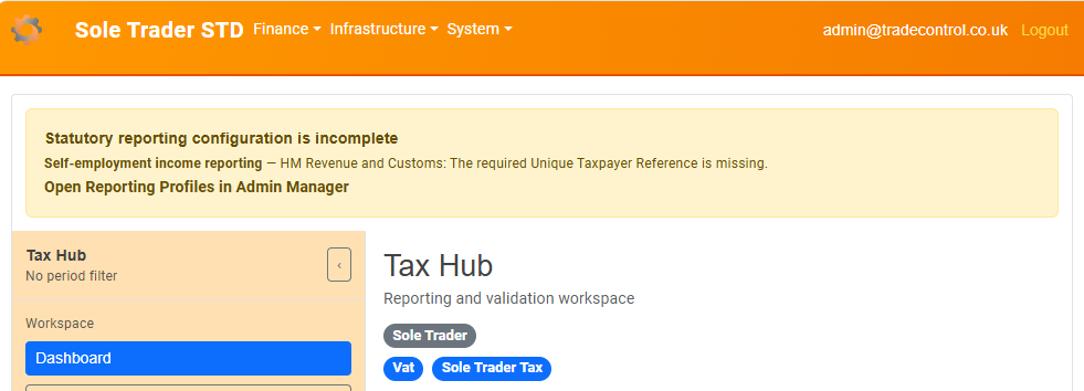 Tax Hub statutory reporting readiness warning with a link to Reporting Profiles