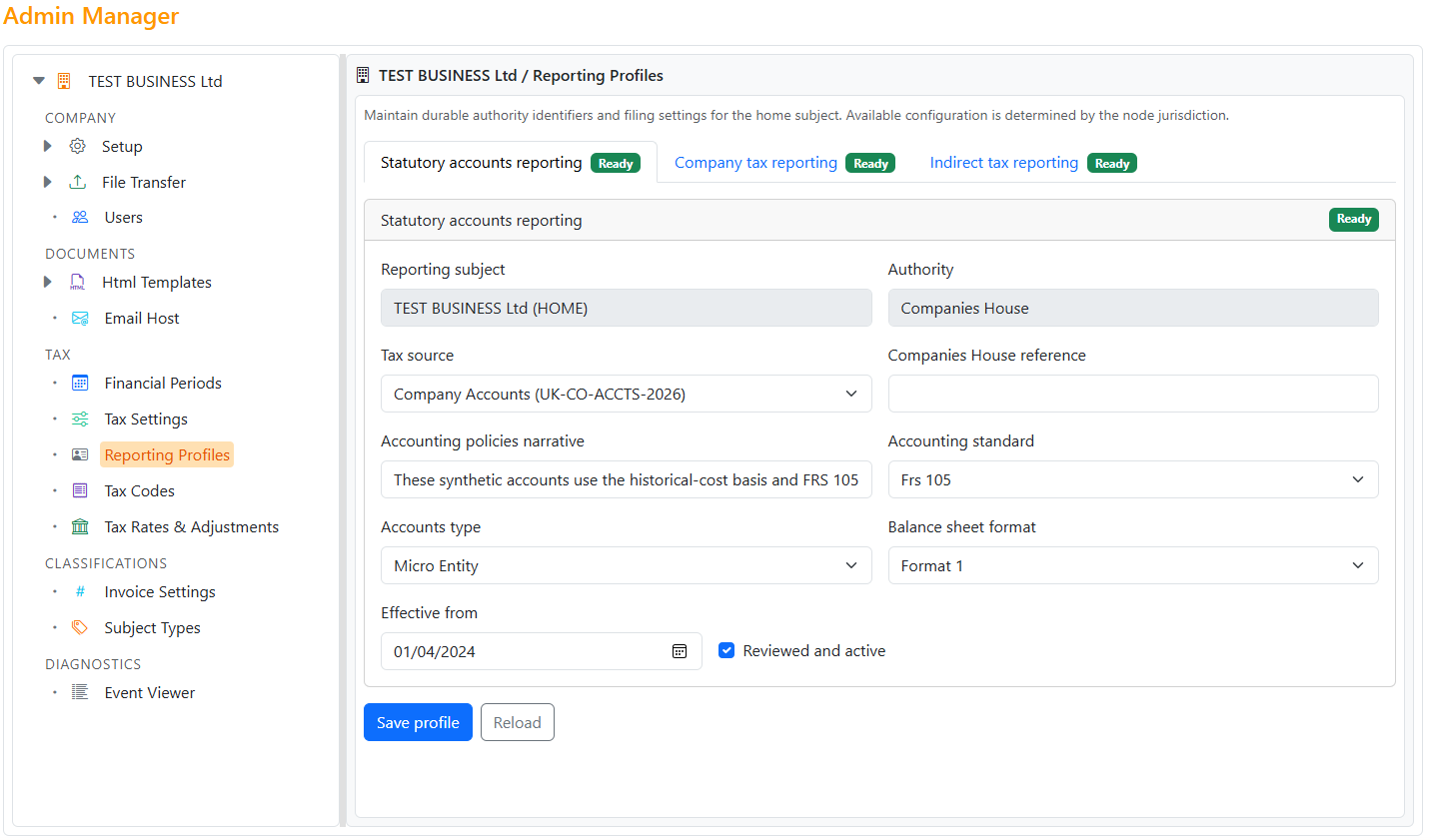 Admin Manager Reporting Profiles showing a reviewed and ready statutory reporting profile