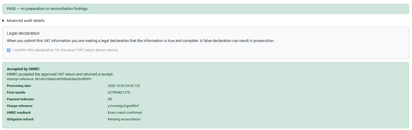 Accepted HMRC VAT return showing receipt details and an exact readback match