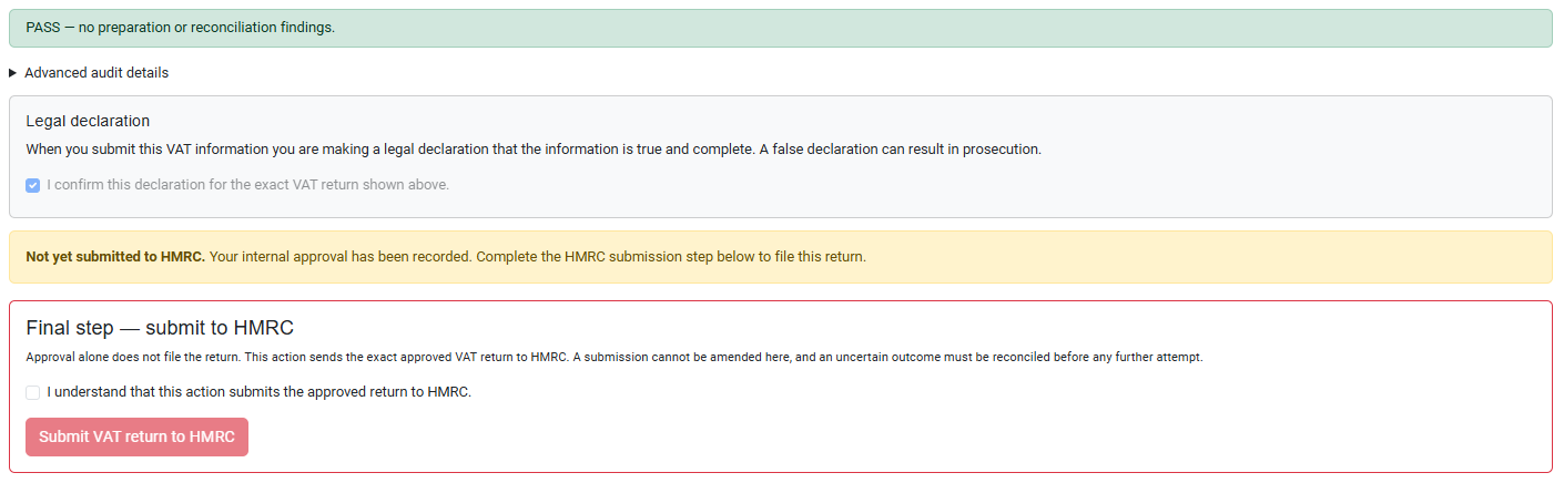 Approved VAT return showing that it has not yet been submitted to HMRC
