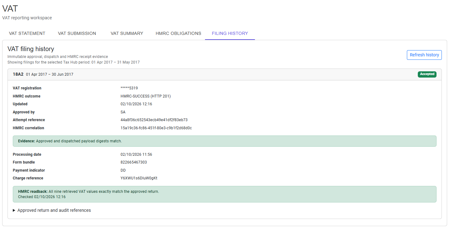 VAT Filing History after recovery showing an accepted return and exact HMRC readback match