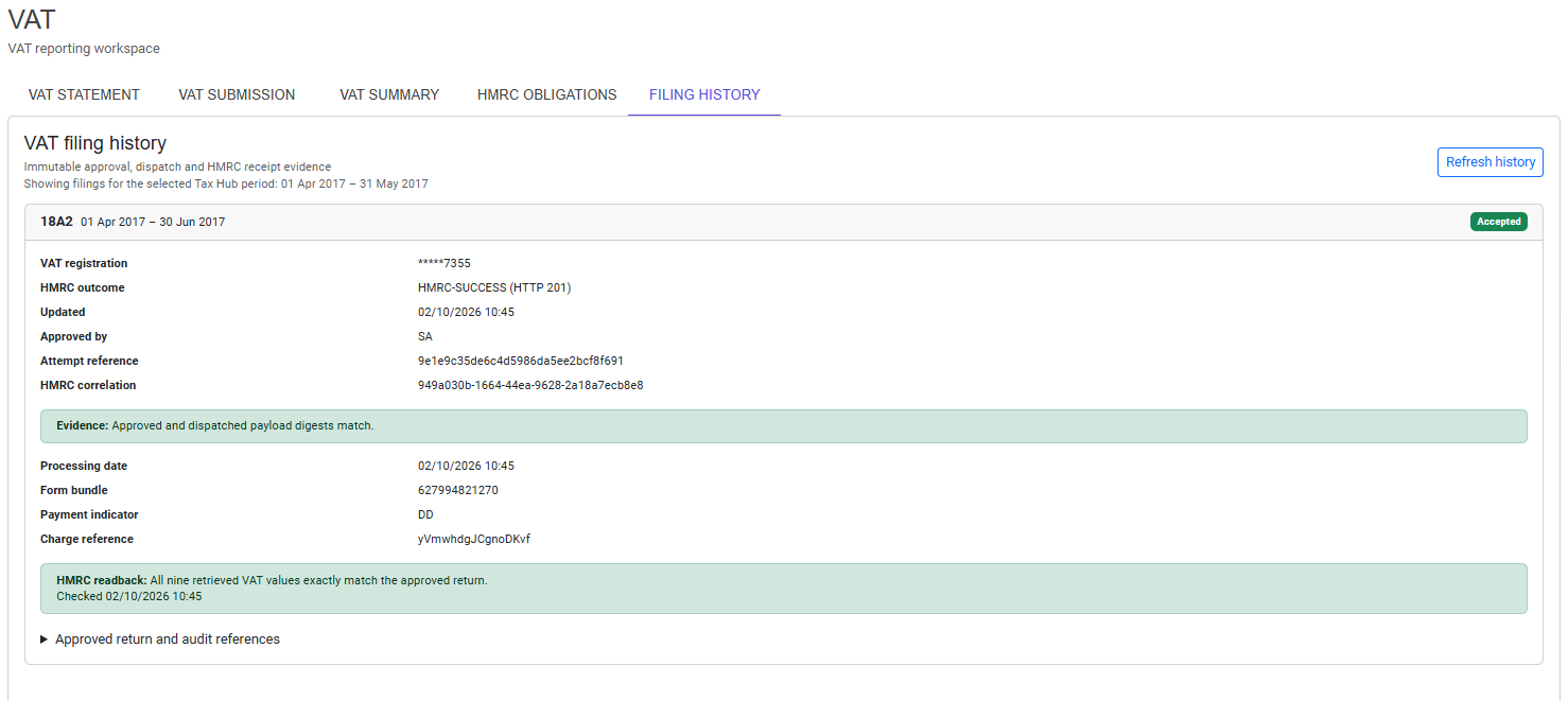 Tax Hub Filing History showing an accepted VAT return, receipt, verified evidence and exact HMRC readback match