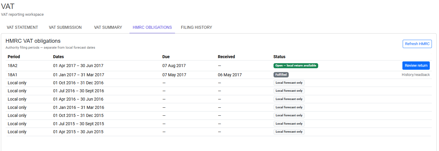 HMRC VAT Obligations showing an open filing period with a local return available